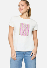 Print-T-Shirt mit Glitzerdetails  / Modellfoto Vorderseite