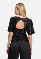 Pailletten-Bluse mit Flügelärmeln / Modellfoto Rückseite
