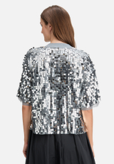 Pailletten-Pullover mit Rippbündchen / Modellfoto Rückseite