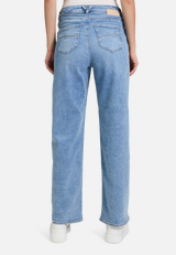 High Waisted-Jeans mit weitem Bein / Modellfoto Rückseite