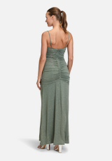 Abendkleid mit Wasserfallausschnitt / Modellfoto Rückseite