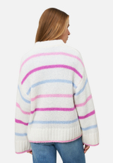 Grobstrickpullover mit Streifen / Modellfoto Rückseite