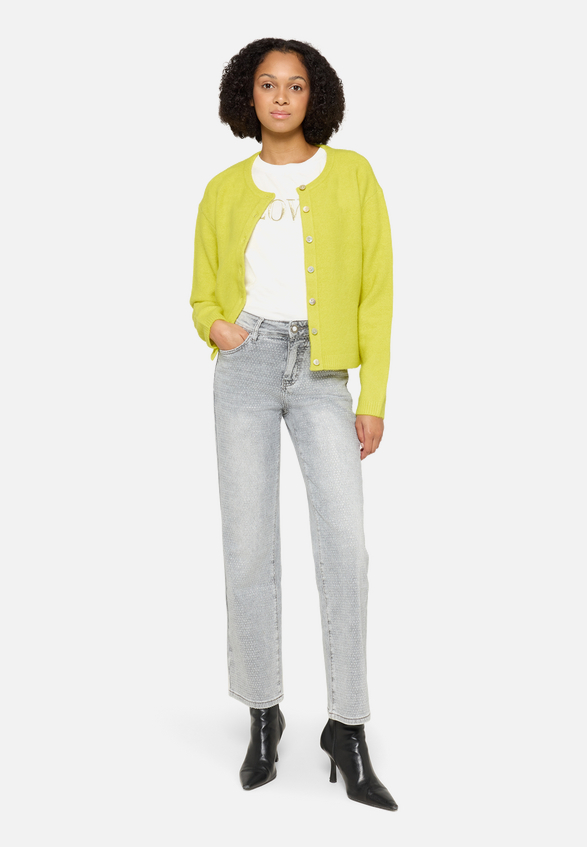 Strick-Cardigan mit Rundhalsausschnitt / Modellfoto Vorderseite (Outfit)