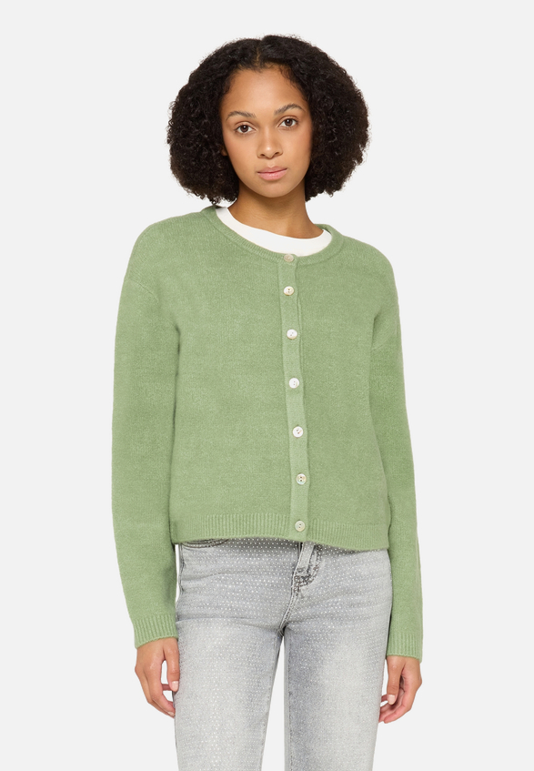 Strick-Cardigan mit Rundhalsausschnitt / Modellfoto Vorderseite