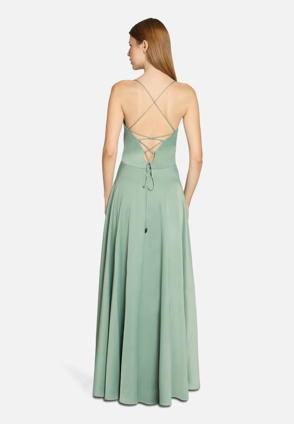 Abendkleid mit Wasserfallausschnitt / Modellfoto Rückseite