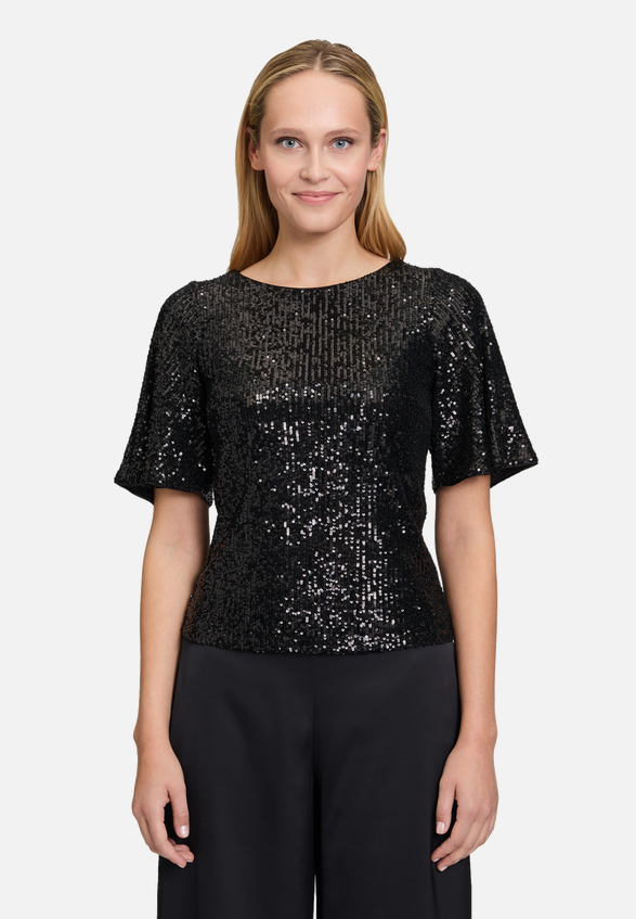 Pailletten-Bluse mit Flügelärmeln / Modellfoto Vorderseite