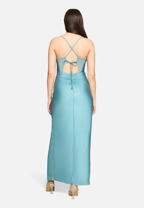 Abendkleid im Glitzer-Look / Modellfoto Rückseite