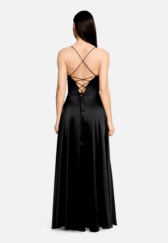 Abendkleid mit Wasserfallausschnitt / Modellfoto Rückseite