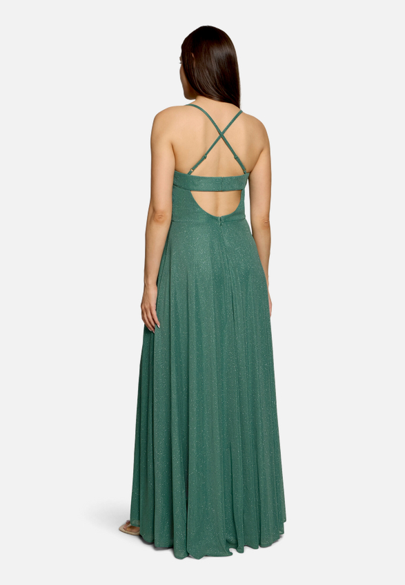 Abendkleid mit Wasserfallausschnitt / Modellfoto Rückseite