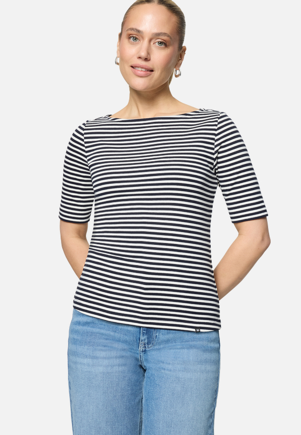 Ringelshirt  mit U-Boot Ausschnitt  / Modellfoto Vorderseite