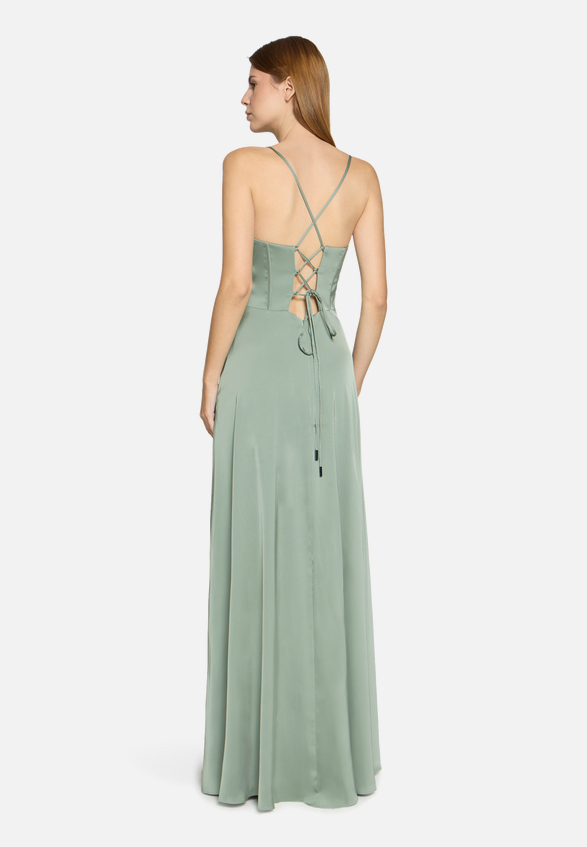 Abendkleid mit Wasserfallausschnitt / Modellfoto Rückseite