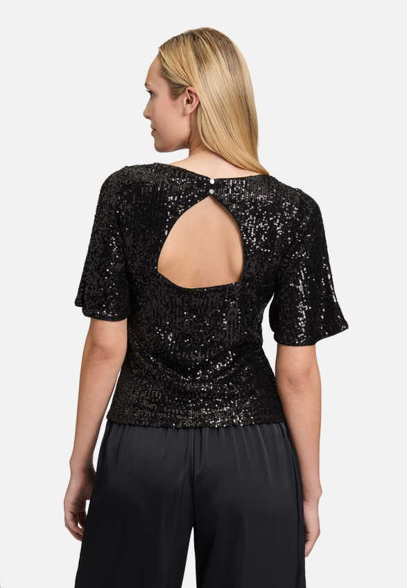 Pailletten-Bluse mit Flügelärmeln / Modellfoto Rückseite