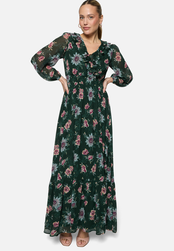 Maxikleid  langarm mit Blumen  / Modellfoto Vorderseite (Outfit)