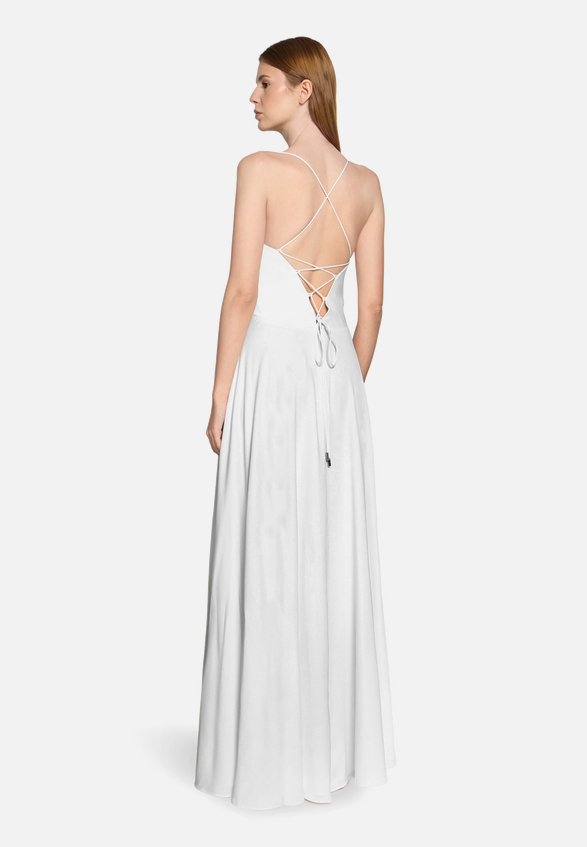 Abendkleid mit Wasserfallausschnitt / Modellfoto Rückseite