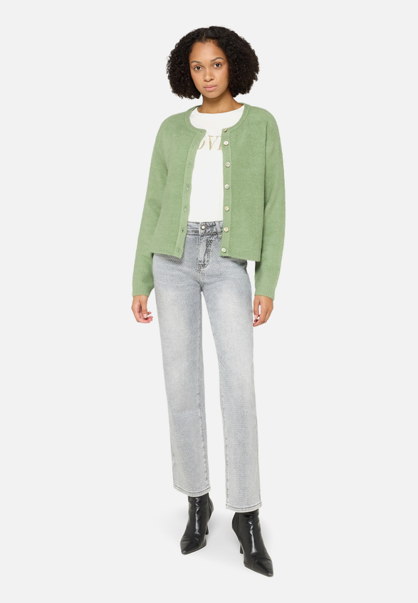 Strick-Cardigan mit Rundhalsausschnitt / Modellfoto Vorderseite (Outfit)