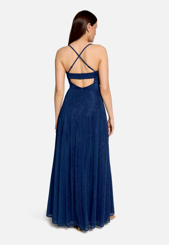 Abendkleid mit Wasserfallausschnitt / Modellfoto Rückseite