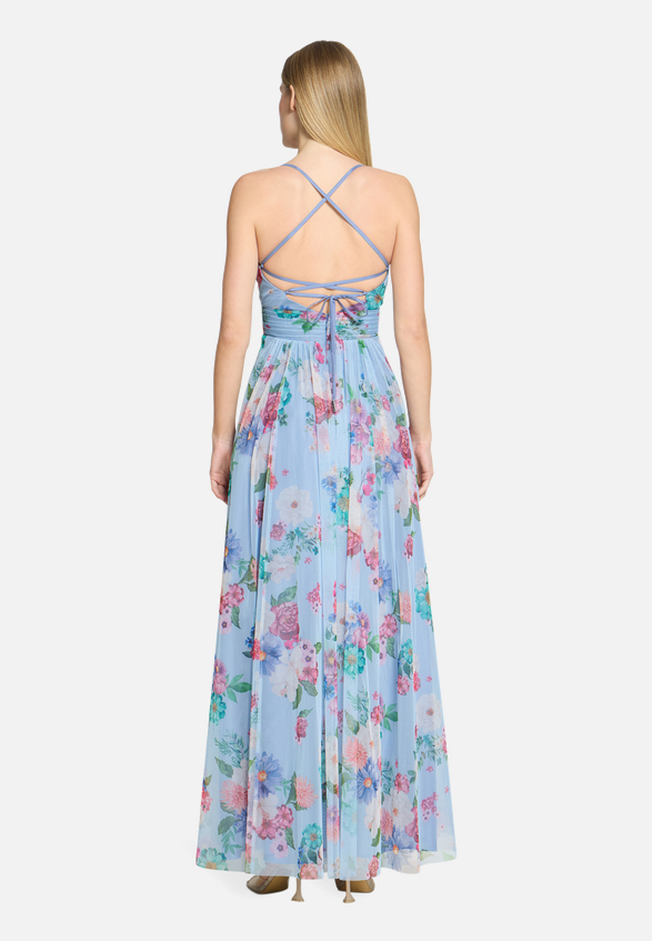 Abendkleid mit Blumenprint / Modellfoto Rückseite