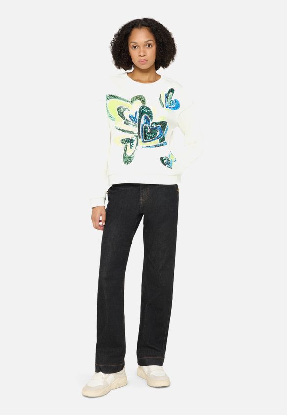 Sweatshirt mit Rippbündchen / Modellfoto Vorderseite (Outfit)